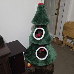 Holiday Green Cat Tree with Red and White Accents